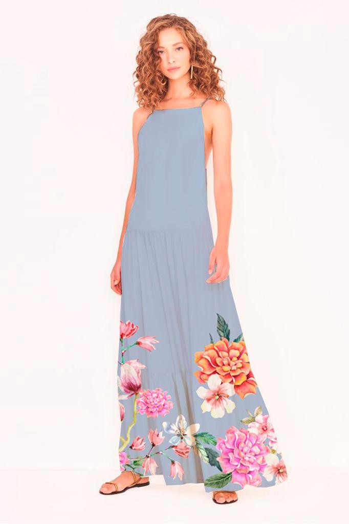 Crepe Salinas Estampado Barrado Floral Fundo Azul LUCIENE TECIDOS