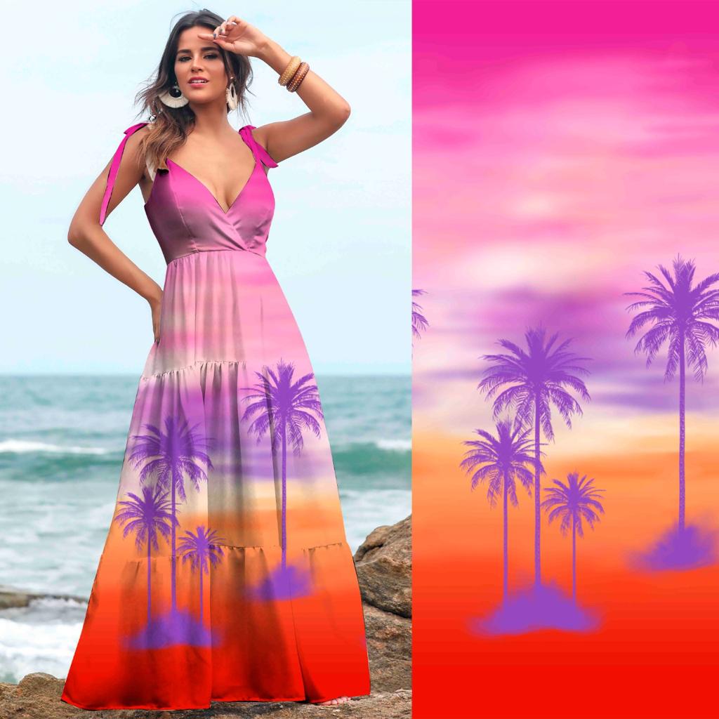Crepe Salinas Estampado Coqueiro Degrade LUCIENE TECIDOS