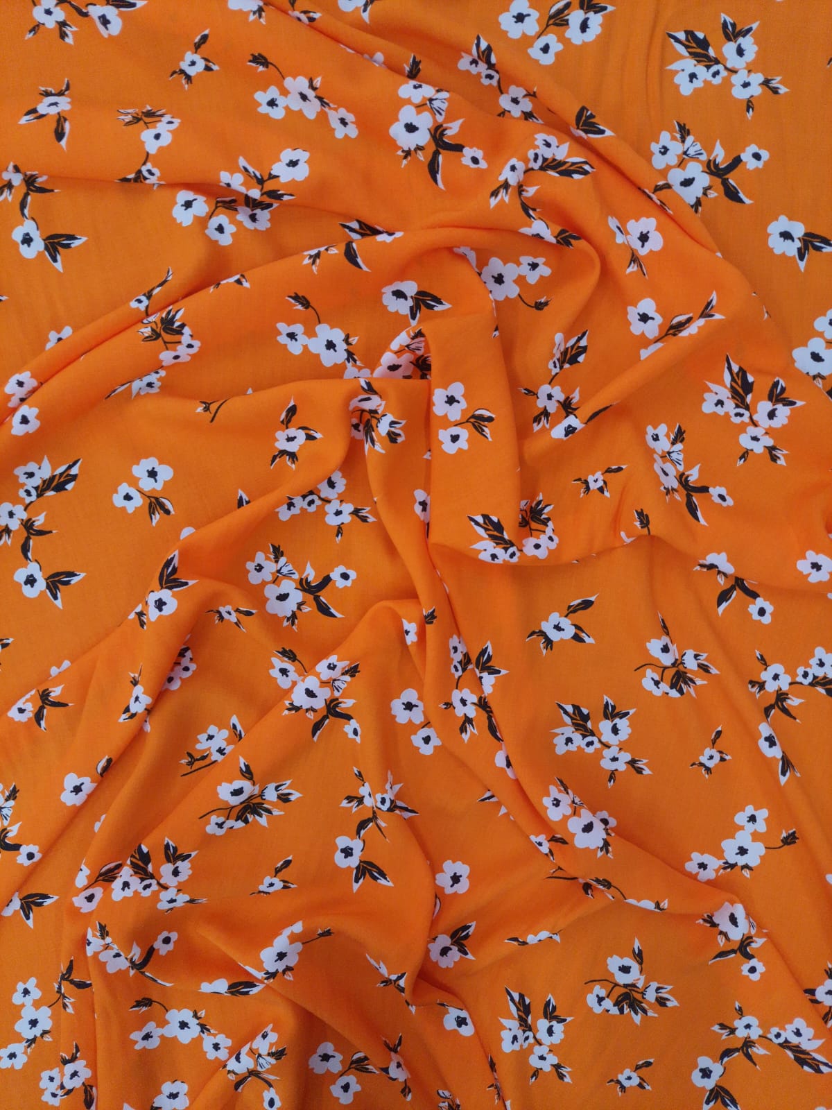 Viscose Estampada Mini Buqu De Flores Laranja LUCIENE TECIDOS