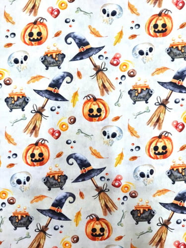 Tricoline Estampada Digital Halloween Caldeirão Magico Fundo Branco